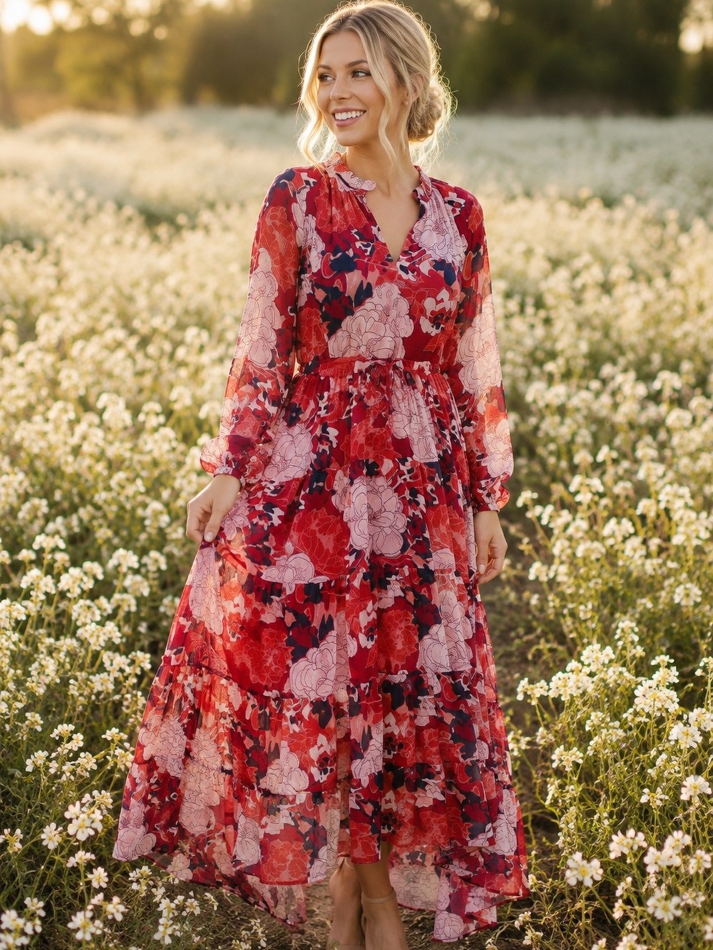 Mud Pie Simone Womens Maxi Dress, Medium Red Floral
